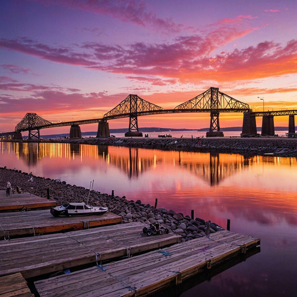 A stunning panoramic view of Duluth's waterfront, showcasing the iconic Aerial Lift Bridge with a blend of modern travel elements like a futuristic drone flying above, and high-tech travel gadgets laid on a wooden pier. Include a diverse group of travelers interacting with interactive maps and tech accessories, set against a vibrant sunset sky reflecting on calm waters. vivid colors, super-realistic, 3D.