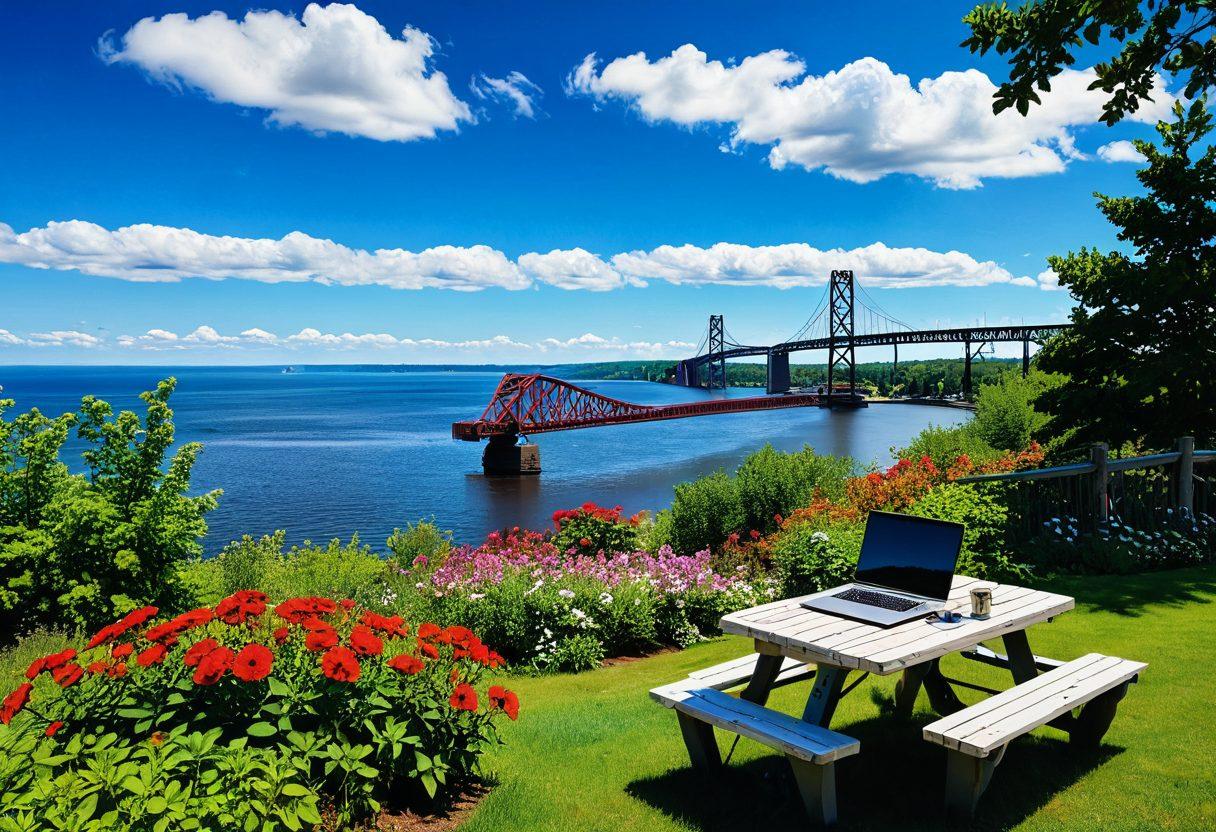 A scenic view of Duluth's coastline with the iconic lift bridge in the background, showcasing a blend of tech elements like drones and laptops scattered on a picnic table. Include vibrant flowers and trees to emphasize a lush lifestyle vibe, while showcasing tourists engaging with local attractions. The sky should be bright blue with fluffy clouds, creating an inviting atmosphere. super-realistic. vibrant colors.