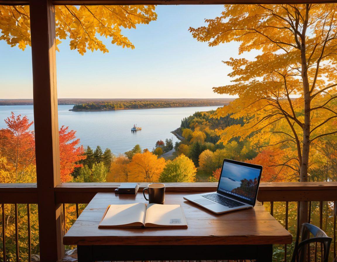 A cozy café scene in Duluth, showcasing a writer surrounded by notebooks and a laptop, with Lake Superior in the backdrop, autumn leaves scattered around, reflecting Duluth's unique charm. The atmosphere should feel warm and inviting, capturing the essence of creativity and local culture. super-realistic. vibrant colors. warm lighting.